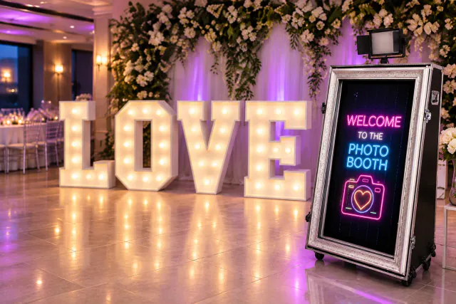 Light-up LOVE letters and the magic selfie mirror in an illustrative wedding arrangement